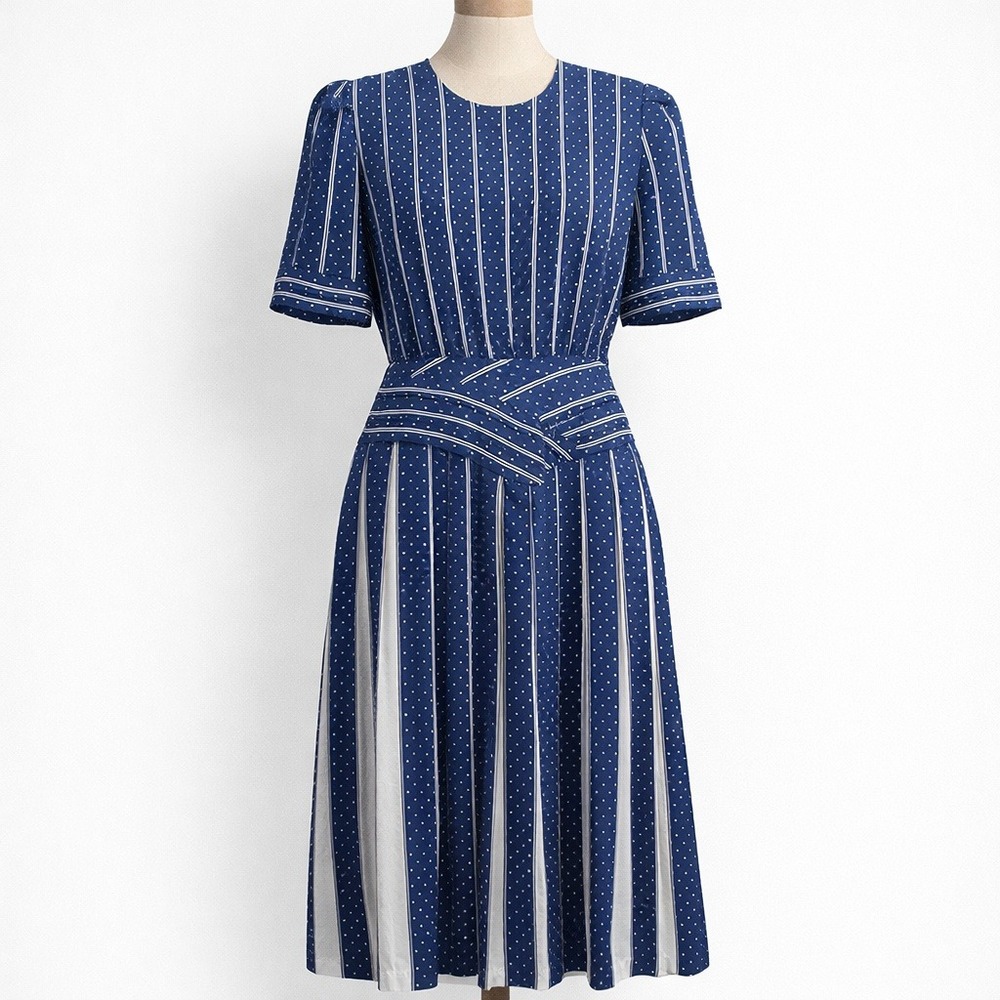 Vintage 80s Sailor‎ Polka Dot Midi Dress Sz 10 Navy Pinup Striped Retro Coquette